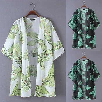 2020 Ženy, Šifón Pláži Kimono Cardigan Listy Tlač Otvoriť Predné Dovolenku Voľné Tenké Blúzky, Plaviek Zakryť