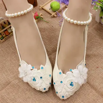 Biela čipka svadobné topánky pre nevestu HS032 modrými kamienkami čipky kvet členok lištovanie popruhy lady ženské svadobné svadobné čerpadlá obuvi
