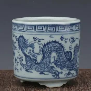 Čína starožitný Porcelán Ming wanli modrá biele ručné maľovanie dragon Pero kontajner