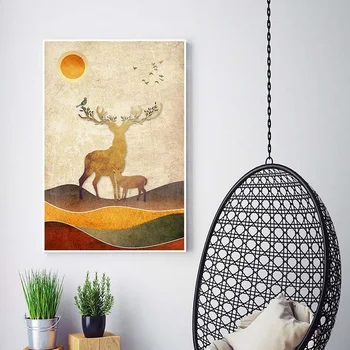Zlatý Jeleň Strom Plagáty a Vytlačí Nordic Minimalistický Zvierat Abstraktné Plátno, Maľovanie obrazov na Stenu pre Obývacia Izba Domova