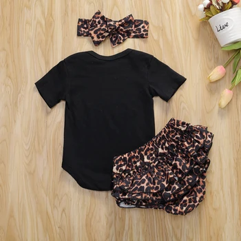 Novorodenca Dievča Bežné Set Oblečenia List Vytlačený Kombinézu Topy Prehrabať Leopard Šortky Bowknot Hlavový Most Oblečenie Set