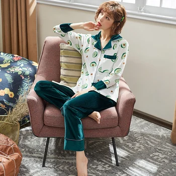 2020 Jeseň Zima Dlhý Rukáv Zlato Velvet Pajama Sady pre Ženy Hrubé Teplé Sleepwear Vyhovovali Pyžamá oblečenie pre voľný čas Pijama Mujer Oblečenie