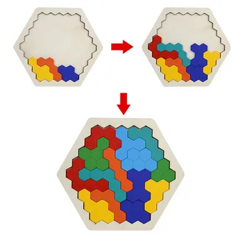 Deti Geometrie Logika IQ Hry, Drevené Hexagon Puzzle Honeycomb Tvar Tangram Montessori Vzdelávacích Puzzle Hra, Hračky pre Deti,