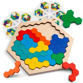 Deti Geometrie Logika IQ Hry, Drevené Hexagon Puzzle Honeycomb Tvar Tangram Montessori Vzdelávacích Puzzle Hra, Hračky pre Deti,