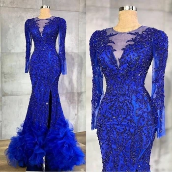 2020 Ensotek Luxusné Royal Blue Večerných Šiat, Perlové Kryštály Úplnej Krku Morská Víla Arabčina Aso Ebi Party Šaty Formálne Šaty Nosiť