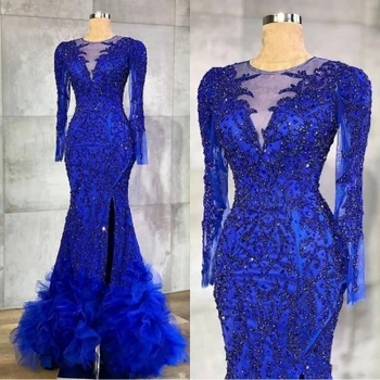 2020 Ensotek Luxusné Royal Blue Večerných Šiat, Perlové Kryštály Úplnej Krku Morská Víla Arabčina Aso Ebi Party Šaty Formálne Šaty Nosiť