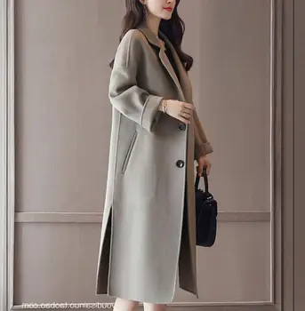 Dámske vlnené kabát 2019 jeseň zima na dlhé štíhle klopy vlnené kabát módne luxusné strane pozdĺžneho pevné rúcha kabát Elegantná zmes