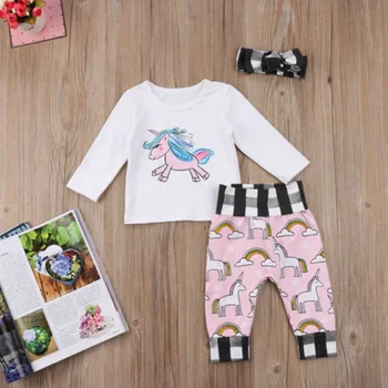 Batoľa Novonarodené Deti Baby Dievča Oblečenie Jednorožec Cartoon Oblečenie s Dlhým Rukávom Jolie Fille Topy Legíny, Nohavice hlavový most Set 3ks