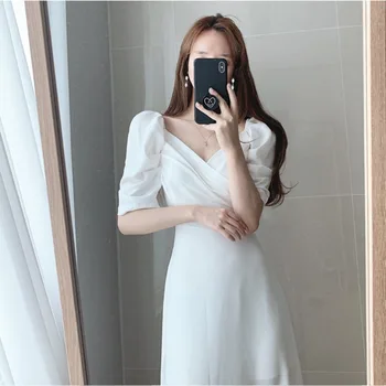 Letné kórejský Elegantný Štíhly tvaru Vysoký Pás Bublina Rukáv Šifón Šaty Dámske Elegantné Party Šaty Farbou