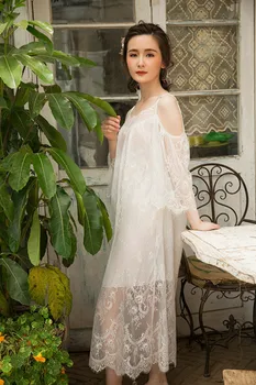 Nový príchod Ženy Bežné sexy nightgowns čipky Princezná Polovici Teľa nightdress Lady Kvetinový sleepwear nightgown 7115