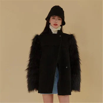 Kórejský Štýl Vintage Sexy Umelú Kožušinu Dvakrát čelil Vlnené Kožušinový Kabát pre Dámy Elegantný Nočný Klub Príčinné Kabát 2020 Zimný Kabát