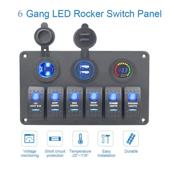 Univerzálny Car Morské Prepnúť Panel 12V~24v Farebné Digitálny Voltmeter+ Dual USB Port + Rocker Spínača Panel s Modrým Led