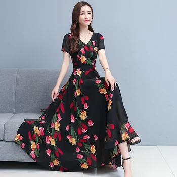 Boho letné šaty žien V-krku-krátke rukávy kvet šifón šaty dámske ležérne vintage čierna dlho maxi šaty šaty plus veľkosť