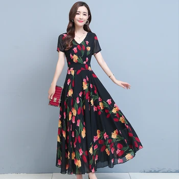 Boho letné šaty žien V-krku-krátke rukávy kvet šifón šaty dámske ležérne vintage čierna dlho maxi šaty šaty plus veľkosť