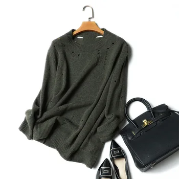 KMS O-krku cashmere sveter čistý cashmere sveter strednej dĺžky voľné pulóver duté klesnutie tričko Ženy