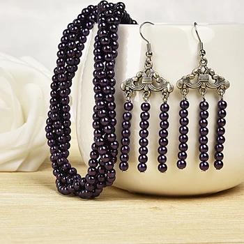 Black Vykonávať tajne sa nosí fialové zábal štýl elegantné Syntéza perlový náhrdelník a opona náušnice perly boli zmontované