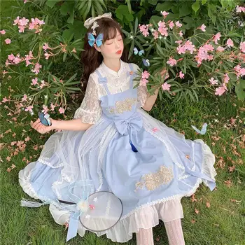 Japonský sladké Lolita pracky čipky šitie falošné dva kusy Čínsky štýl lo šaty Cos Loli princezná šaty kawaii Vestidos