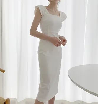 2021 Hot Predaj Top Fashion Bavlna Polyester Šaty Plus Veľkosť Kórejský Temperament Námestie Golier Štíhly Pás Šaty High Straight