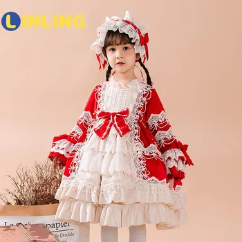 LINLING pôvodné 2021 nové zimné plus velvet ročné červené šaty nádherné dievča Lolita princezná šaty batoľatá jeseň šaty P729