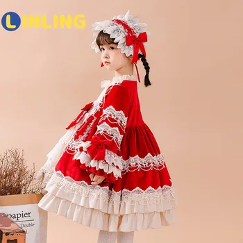 LINLING pôvodné 2021 nové zimné plus velvet ročné červené šaty nádherné dievča Lolita princezná šaty batoľatá jeseň šaty P729
