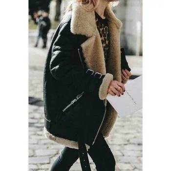 2020 Jeseň Zima Ženy Shearling Kabát Faux Semiš Kožené Pracky Pásu Vintage Vrchné Oblečenie Nové Módne Teplý Kabát Cashmere