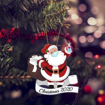 Vianočné 2020 Drevené Ozdoby Karantény Santa s Maskou dezinfekčné prostriedky na Ruky a Toaletný Papier BDF99