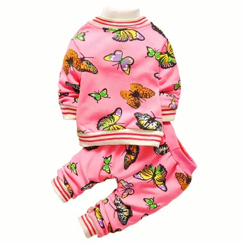Nové Baby Girl Jar Jeseň Oblečenie Set Sa Dieťa Motýľ Tlač Roztomilý Tričko + Nohavice Deti Hrubé Kapucňou Bavlna Vyhovovali Nastaviť