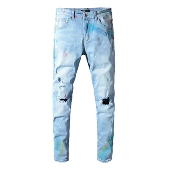 High Street Farbu Svetla Koleno Otvor Strečové Džínsy Skinny Jeans Mens Hip Hop Džínsové Oblečenie, Streetwear Mužov Oblečenie 2020 Mens Džínsy