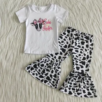 Hot Predaj Baby Girl Boutique Šaty Ružové Tričko Krátky Rukáv Krava, Býk Bell dnom Nohavice Deti Sady Deti Módne Oblečenie
