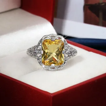 Luxusný Veľký Štvorec Žltý AAAAA+ Zicon Hollowing Vybojovať Krúžok S925 Šterlingov Strieborné Snubné Prstene Dievčatá Narodeniny Kameň Šperky