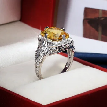 Luxusný Veľký Štvorec Žltý AAAAA+ Zicon Hollowing Vybojovať Krúžok S925 Šterlingov Strieborné Snubné Prstene Dievčatá Narodeniny Kameň Šperky