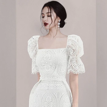 2020 Lete Ženy Celebrity Večer Biele Čipky Party Šaty Vestidos elegantné Námestie Golier Lístkového Rukáv Bodycon tenký Mini Šaty