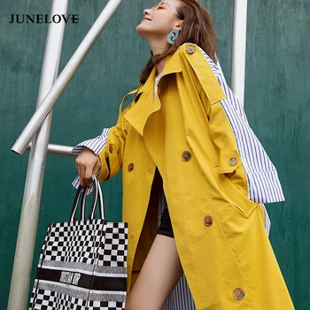 HStar Kórejskej Ženy Oblečenie Na Jeseň Windbreaker Žena Dlhá Srsť Dvakrát Breasted Šitie Prekladané Žltá Zákopy Srsti Outwears