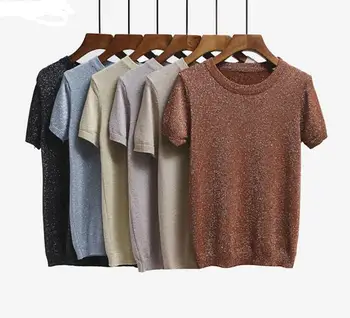 2017 Lete Pletené T Shirt Top Tričká Krátky Rukáv Pevné O-neck T-Shirts Módne Tenký Úplet T-shirt Dropshipping