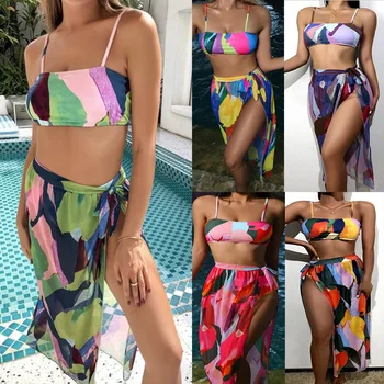 2021 Žien Tlačené 3 Kusy Vysoký Pás Bikini Maxi Plavky zakryť