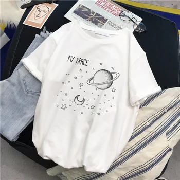 Letné Moon Star Tlač Harajuku Vtipné Krátke rukávy Ženy Topy Tees O-Krku Ulzzang Bežné Dievča je Veľká Veľkosť dámske tričko