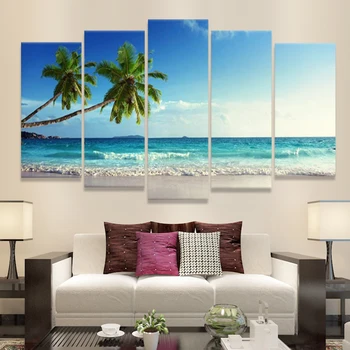 5 Panel Coconut Tree Modrého Neba A Oceánu Seascape Beach Domov Stenu Decor Plátno Obrázok Umenie HD Tlač Maľovanie Na Plátno Diel