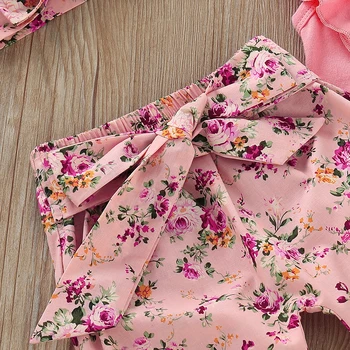 2019 Najnovšie Štýl Rozstrapatené Top Kvetinový Nohavice hlavový most Roztomilej Oblečenie Set Pre Dieťa Dievča Letné Oblečenie 3ks