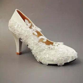 Biela čipka appliques čerpadlá topánky žena ručné plus veľkosť 9 CM vysoké podpätky platformy kvet dievča svadobné nevesty svadobné topánky