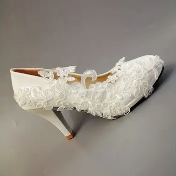 Biela čipka appliques čerpadlá topánky žena ručné plus veľkosť 9 CM vysoké podpätky platformy kvet dievča svadobné nevesty svadobné topánky