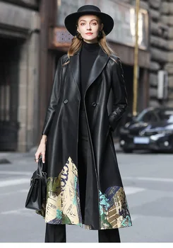 2020 nové Kožené kožený kabát žien dlho móda tlačené chudnutie temperament ovce kožené windbreaker kabát