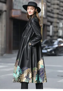 2020 nové Kožené kožený kabát žien dlho móda tlačené chudnutie temperament ovce kožené windbreaker kabát