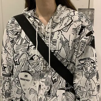 HOUZHOU Vintage Anime Hoodie Jeseň Graffiti Vytlačiť Mikina Ženy Dlhý Rukáv Topy Ženy Harajuku Streetwear Zip Hoodie