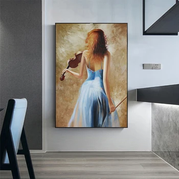 Abstrakt Husle Girl Plátno na Maľovanie Moderné Modré Šaty Dievča Plagát n Tlač Wall Art Obrázok pre Obývacia Izba Plakat Streszczenie