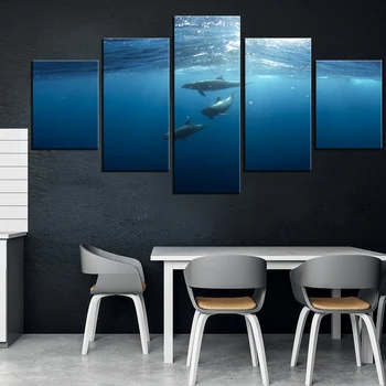 5 Kusov Delfíny v Mori Plátno na Maľovanie Modrý Oceán Obrázky Pre Domova Tapety Abstraktné Jednoduchý Štýl Plagáty Ryby