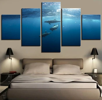 5 Kusov Delfíny v Mori Plátno na Maľovanie Modrý Oceán Obrázky Pre Domova Tapety Abstraktné Jednoduchý Štýl Plagáty Ryby