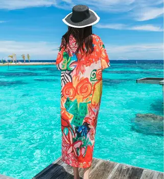 Dámske letné multi-farebná tlač, príležitostné voľné dlhé šaty lady sexy opaľovací krém long beach dovolenka v Čechách šaty TB155