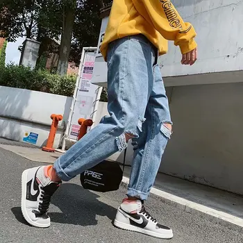 Veľkoobchod 2020 Nové Roztrhané džínsy mužov značky členok dĺžka nohavice slim nohy tenké letné kórejský farbu svetla mužov žobrák nohavice