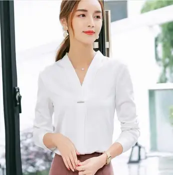 2018 Jarnej Módy Sexy V-Neck tričko ženy elegantný dlhý rukáv šifón blúzka office dámy plus veľkosť topy
