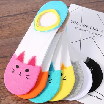 Nový Ženy Móda Vtipné Mačku Hodváb Bežné Členok Vysokej Nízky Rez Neviditeľné Bavlnené Ponožky Transparentné Ponožky Dievča Leta Zvierat Ponožky